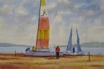 seascape, landscape, boat, sailboat, catamaran, hobie, beach, sea, original watercolor painting, oberst