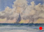 seascape, boat, sailboat, clouds, storm, sea, oberst, watercolor, painting